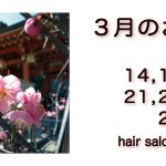 長岡京市の理容店　ヘアーサロンデュオ　3月の定休日