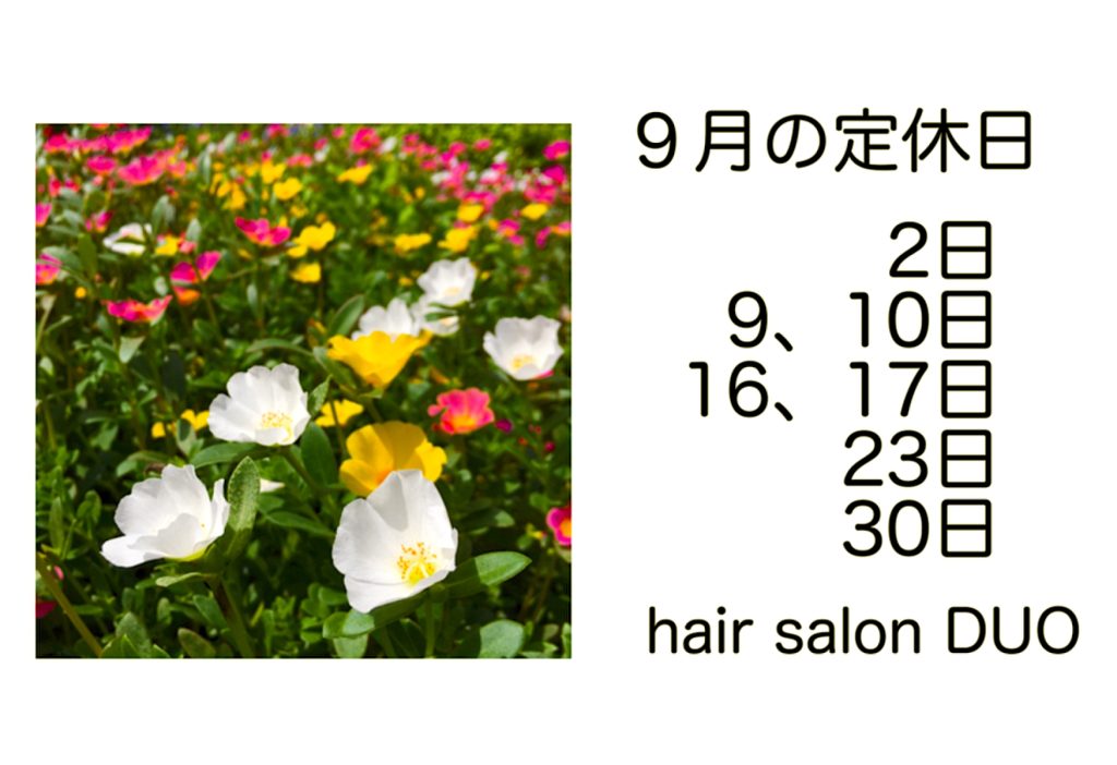 長岡京市の理容店　ヘアーサロンデュオ　2024年9月の定休日